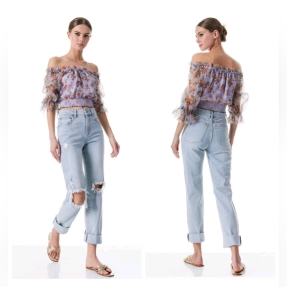 ALICE + OLIVIA Caprina Silk Puff Sleeve Off Shoulder Crop Top Size Small NWOT - Picture 6 of 15